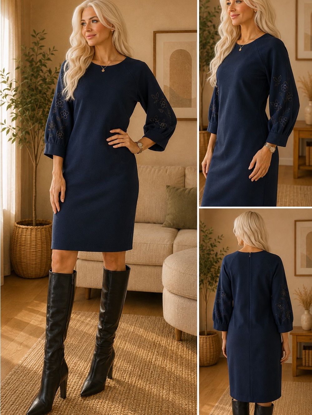 H&M Women’s Navy Embroidered Sleeve Dress – Size M